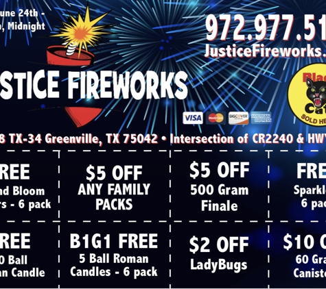 Justice Fireworks - Greenville, TX. Coupons