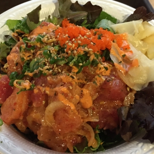 Pokinometry - Anaheim, CA. Poki salad bowl with salmon, tuna, spicy tuna, crab meat, avocados, masago, and spicy mayo.