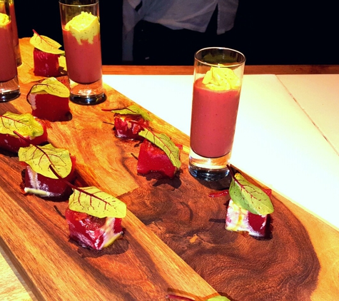 5Church Midtown - Atlanta, GA. Watermelon wrapped with crystallized sugared bacon (leaf on top), Berries and Tomato Gazpacho with avocado cream.