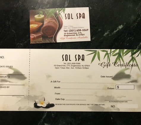 Sol Spa - Englewood, NJ. Gift certificate1