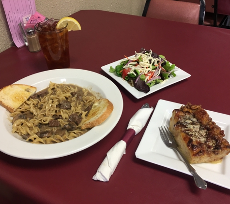 Family Bistro - Leavenworth, KS. The beef stroganoff with salad and AMAZING bread pudding... a must try!