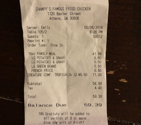 Champy's Chicken - Athens, GA. This is what they should have charged in the first place, and eventually did, but after threatening to arrest us.