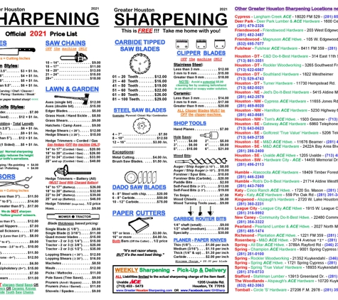 Uvalde Hardware - Houston, TX. GreaterHoustonSharpening.com - See our 2021 pricing of over 100+ items for our WEEKLY sharpening services.  Keep a copy of this image.