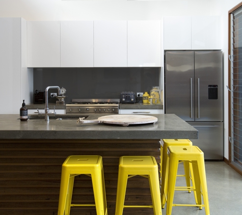 Qbic Living - Parkside, SA. 2pack kitchen with custom timber island back, concrete floors&benchtop