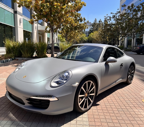 OC Customs - San Jose, CA. White Porsche 911 wrapped in GSWF Satin Dark Grey Color PPF