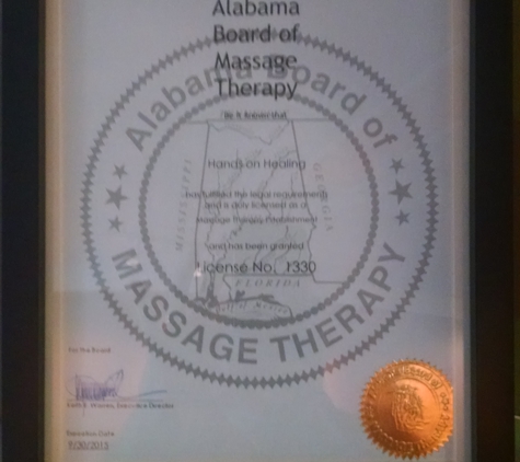 Hands on Healing - Montgomery, AL. Licensed by Alabama Board of Massage Therapy