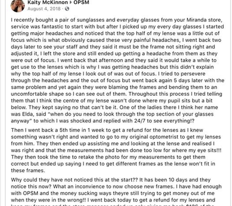 OPSM Glen Waverley - Glen Waverley, VIC. 2018 facebook complaint
