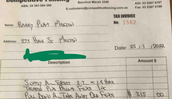 Competitive Fencing & Repairs - Maddingley, VIC. invoice