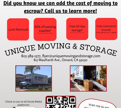 Unique Moving & Storage - Oxnard, CA. Unique Moving Escrow offer