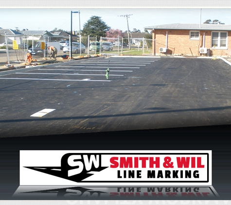 Smith & Wil Asphalting. Waterborne is applicated using a ride on line trike or walk behind machine.