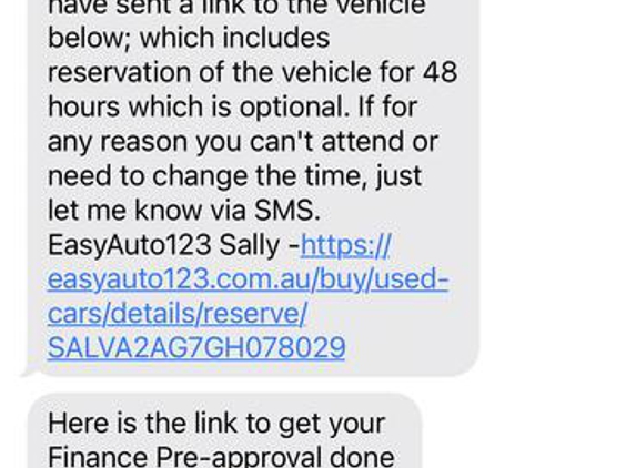 Easyauto123.com.au - Cannington, WA. Initial conversation with customer rep on sunday that booked me to test drive the car on Tuesday. This text was a confirmation after my phone conversation with her