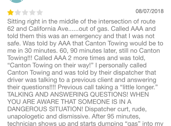 Canton Towing - Canton, OH. My review “mysteriously” disappeared from the web site.