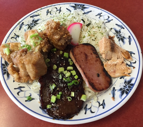 Forty Niner Restaurant - Aiea, HI. 49er bento: garlic chicken, teriyaki beef, spam, salmon, and fish cake.