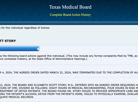 Elizabeth Story, MD - Fort Worth, TX. Patients death leads Texas Medical Board to issue action against Elizabeth Story, MD.

Source: Texas Medical Board