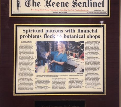 Botanica San Lazarus - Pompano Beach, FL. The owner, Lisa, featured on 
The Keene Sentinel!!!
She had a store in NY for 35 years!