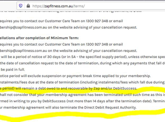 Debitsuccess - Notting Hill, VIC. Zap Fitness cancellation information