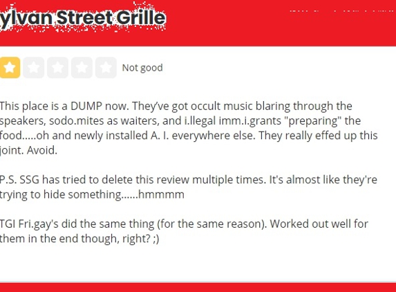 Sylvan Street Grille - Peabody, MA. https://www.yelp.com/not_recommended_reviews/sylvan-street-grille-peabody