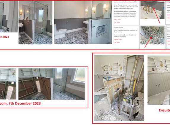 Pyrenees Building Group. What our bathroom looked like after the builder finished, then how much had to be removed to fix it.