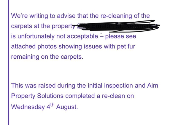 Aim Property Solutions - Upper Mount Gravatt, QLD. Email from realestate agent to aim showing that the second clean was still not acceptable