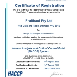 Fruithaul - Caboolture, QLD. HACCP certificate