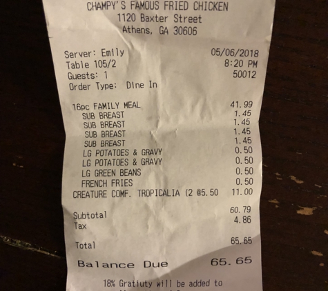 Champy's Chicken - Athens, GA. This is what they tried to charge when we substituted chicken fingers for half of our order. Notice that is says, "Sub BREAST"