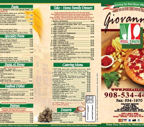 Giovanni's Pizza & Pasta - Whitehouse Station, NJ. Our Menu