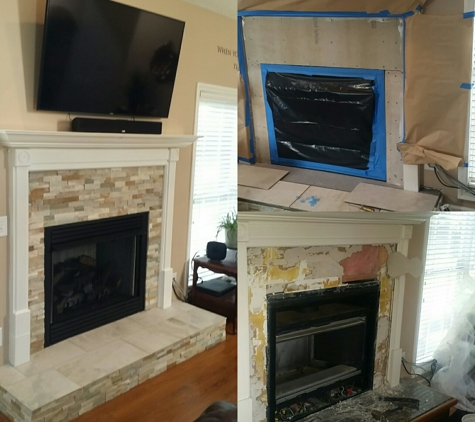 Arrow Home Services, LLC - Maiden, NC. Replaced Green Granite Fireplace Hearth and Surround with Quartz and Sandstone