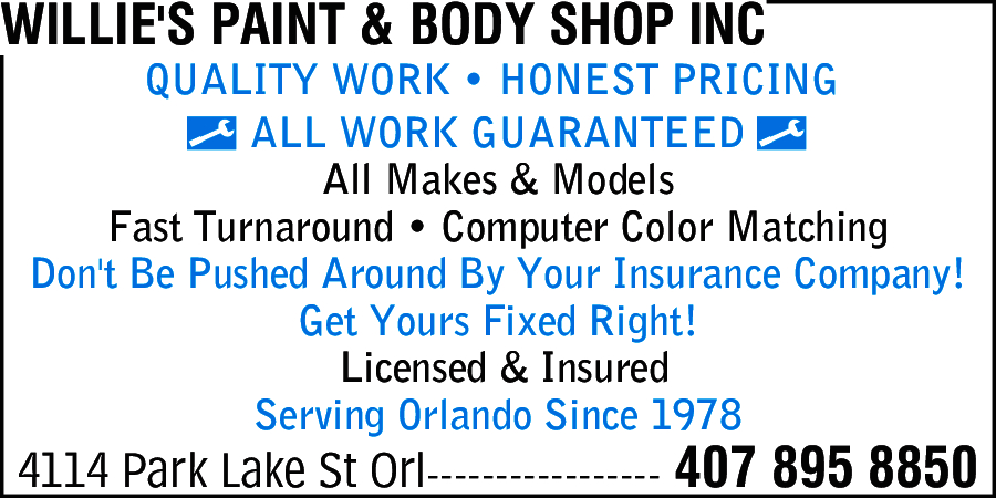 Willie's Paint & Body Shop Inc 4114 Park Lake St, Orlando, FL 32803 -  superpages.com